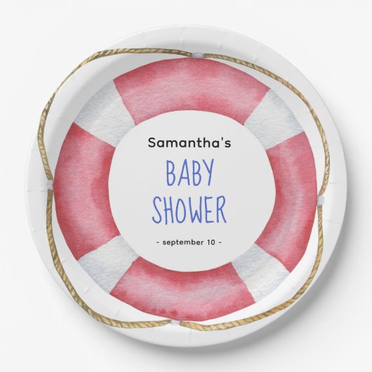 Waterverf mariene reddingsboei - baby shower papieren bordje (Voorkant)