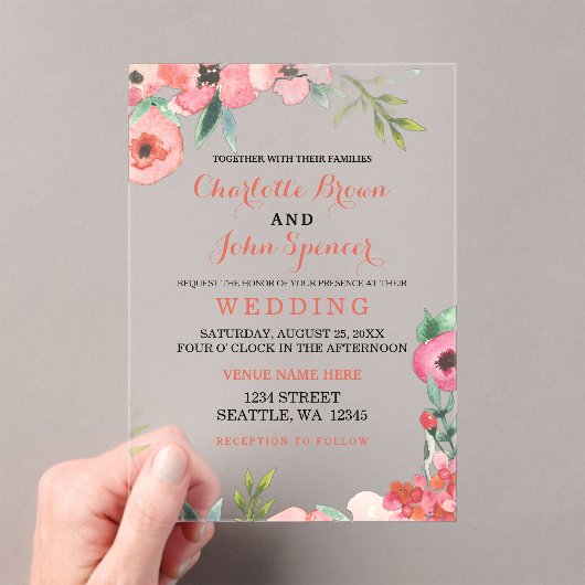 Waterverf marine Blush Floral Elegant Wedding Acryl Uitnodigingen (Insitu (Draagbaar))