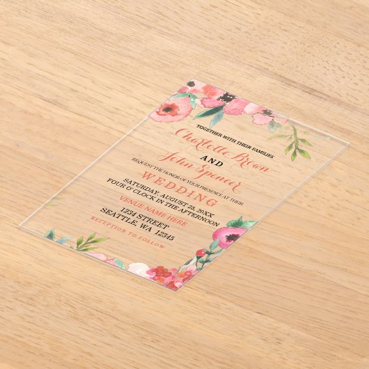Waterverf marine Blush Floral Elegant Wedding Acryl Uitnodigingen (Laagn)