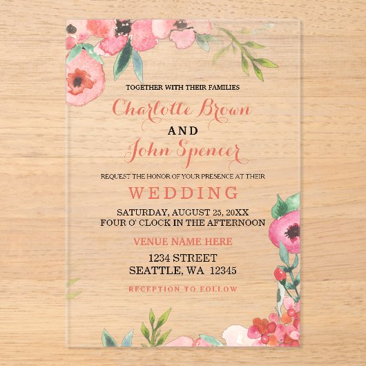 Waterverf marine Blush Floral Elegant Wedding Acryl Uitnodigingen (Voorkant)