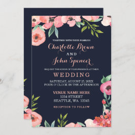Waterverf marine Blush Floral Elegant Wedding Kaart