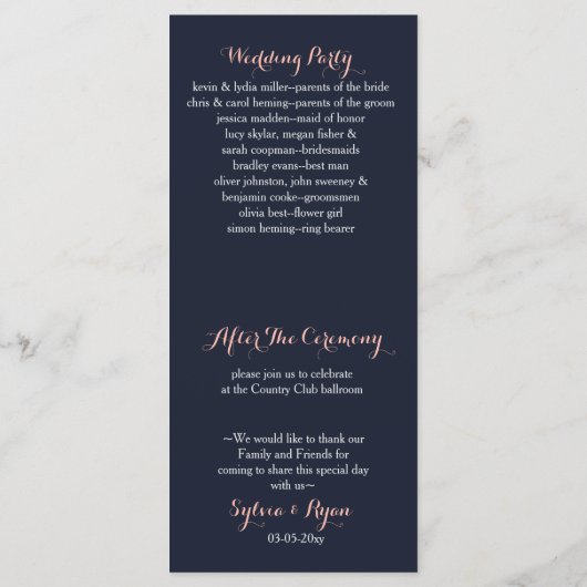 Waterverf marine Blush Floral Elegant Wedding Programmakaart (Achterkant)