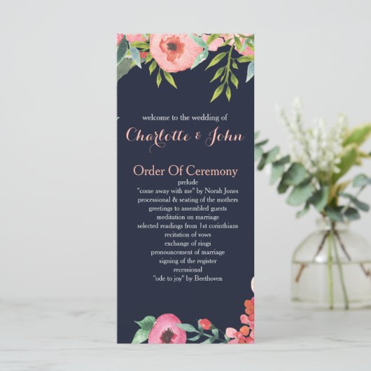 Waterverf marine Blush Floral Elegant Wedding Programmakaart (Staand voorkant)