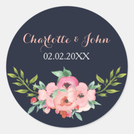 Waterverf marine Blush Floral Elegant Wedding Ronde Sticker