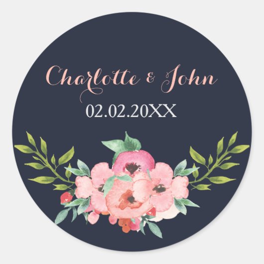 Waterverf marine Blush Floral Elegant Wedding Ronde Sticker (Voorkant)