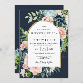Waterverf marine Blush Gold Floral Arched Wedding Kaart