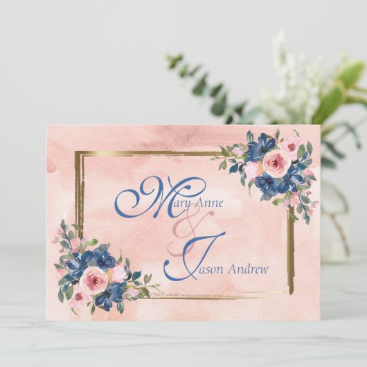 Waterverf marine & Blush Wedding Kaart (Staand voorkant)