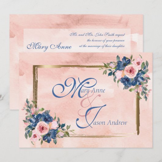 Waterverf marine & Blush Wedding Kaart (Voorkant / Achterkant)