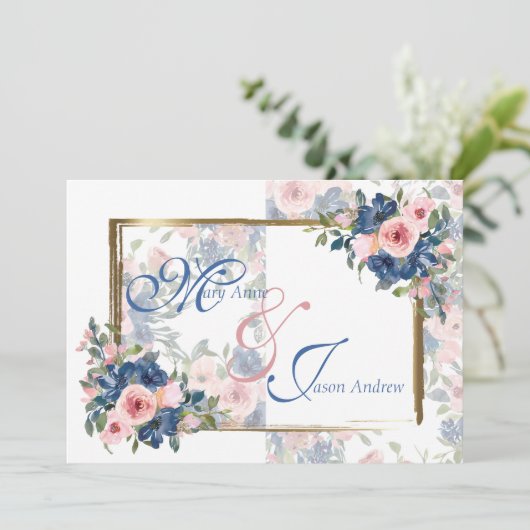 Waterverf marine & Blush Wedding Kaart (Staand voorkant)