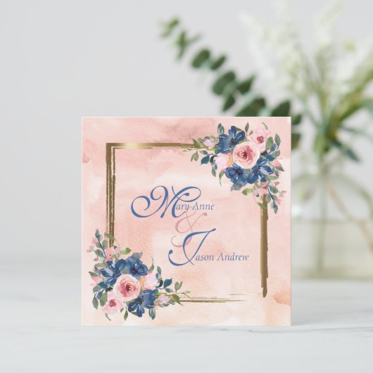 Waterverf marine & Blush Wedding Kaart (Staand voorkant)