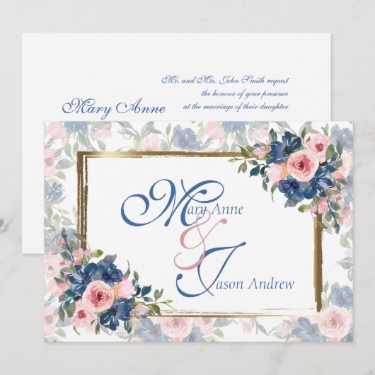 Waterverf marine & Blush Wedding Kaart (Voorkant / Achterkant)