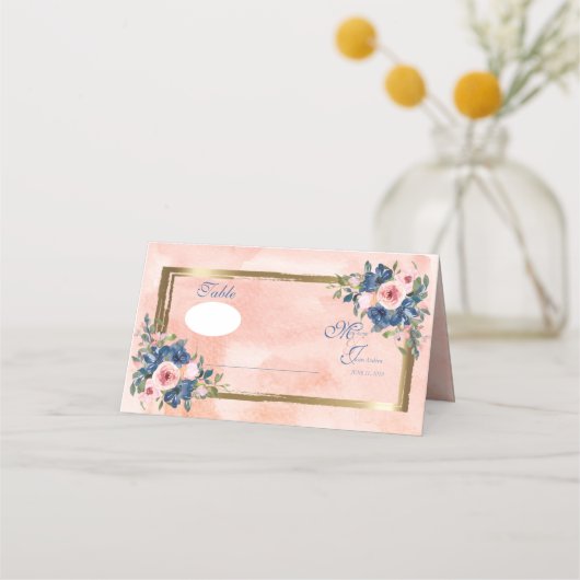 Waterverf marine & Blush Wedding Plaatskaartje (Voorkant)