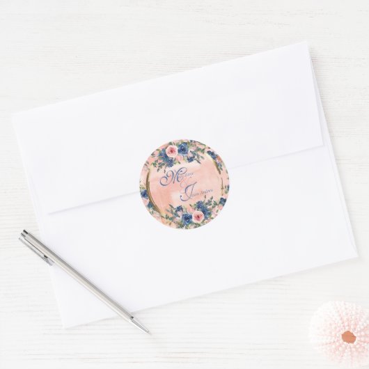 Waterverf marine & Blush Wedding Ronde Sticker (Envelop)