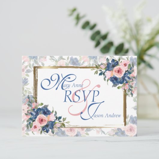 Waterverf marine & Blush Wedding RSVP Kaartje (Staand voorkant)