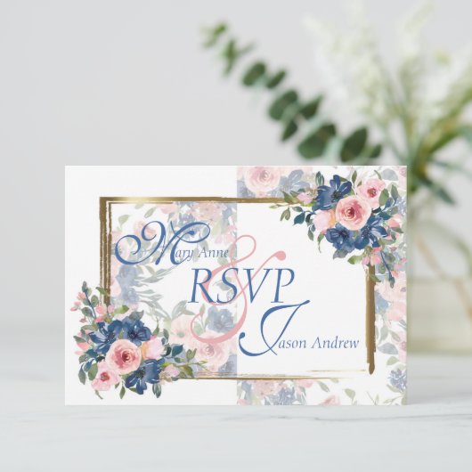 Waterverf marine & Blush Wedding RSVP Kaartje (Staand voorkant)