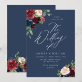 waterverf marine, Bourgondië en blozen bruiloft Kaart (Voorkant / Achterkant)