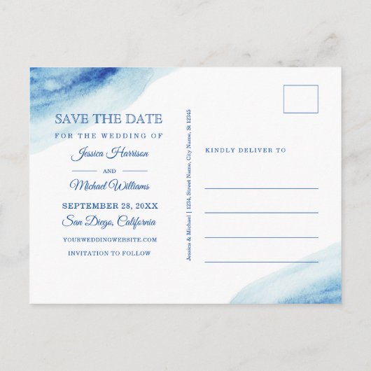 Waterverf marine Deep Blue Photo Save the Date Uitnodiging Briefkaart (Achterkant)
