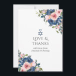 Waterverf marine en Blush Floral Bat Mitzvah Bedankkaart<br><div class="desc">Trendy blush roze en navy blue floral bat mitzvah bedankt je kaarten die je kunt aanpassen.</div>