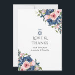 Waterverf marine en Blush Floral Bat Mitzvah Bedankkaart<br><div class="desc">Trendy blush roze en navy blue floral bat mitzvah bedankt je kaarten die je kunt aanpassen.</div>