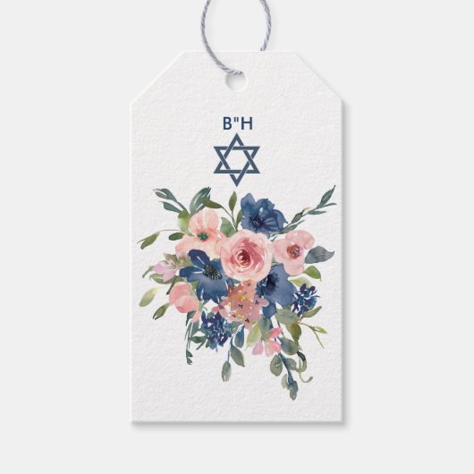 Waterverf marine en Blush Floral Bat Mitzvah Cadeaulabel (Voorkant)