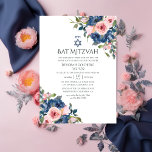 Waterverf marine en Blush Floral Bat Mitzvah Kaart<br><div class="desc">Trendy blush roze en marvy blue floral bat mitzvah nodigt u uit om aan te passen aan de specificaties van uw gebeurtenis.</div>