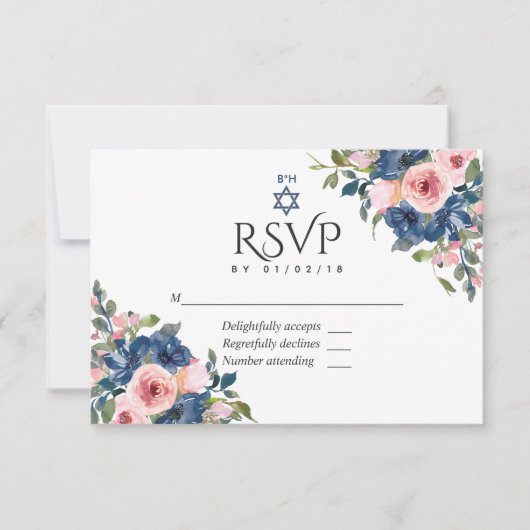 Waterverf marine en Blush Floral Bat Mitzvah RSVP Kaartje (Voorkant)