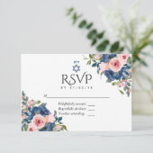 Waterverf marine en Blush Floral Bat Mitzvah RSVP Kaartje (Staand voorkant)