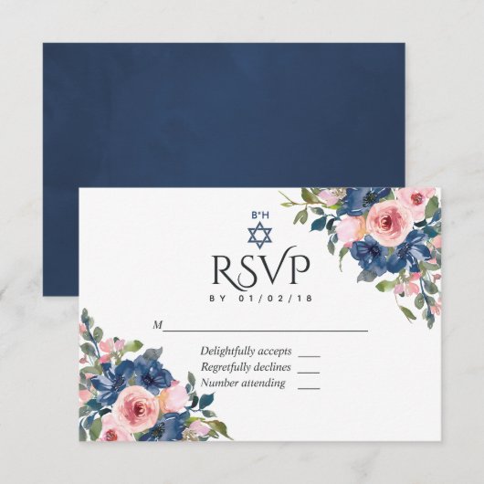 Waterverf marine en Blush Floral Bat Mitzvah RSVP Kaartje (Voorkant / Achterkant)