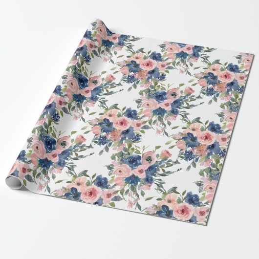 Waterverf marine en Blush Floral Cadeaupapier (Uitgerold)