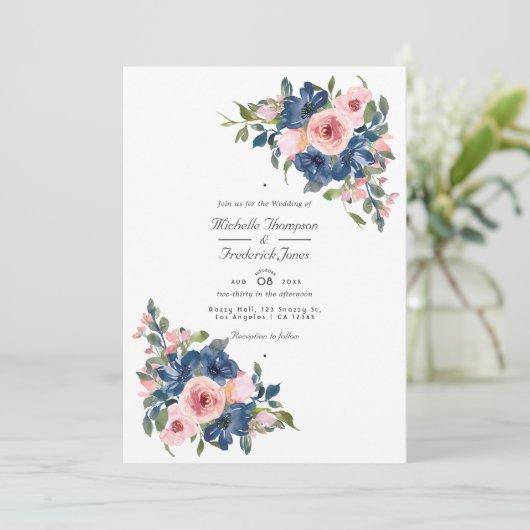 Waterverf marine en Blush Floral QR Code Wedding Kaart (Staand voorkant)