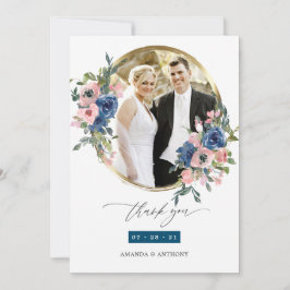 Waterverf marine en Blush Floral Wedding Foto Bedankkaart