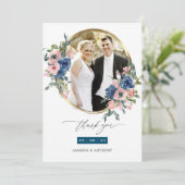 Waterverf marine en Blush Floral Wedding Foto Bedankkaart (Staand voorkant)