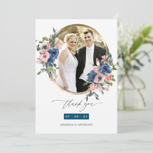 Waterverf marine en Blush Floral Wedding Foto Bedankkaart (Staand voorkant)