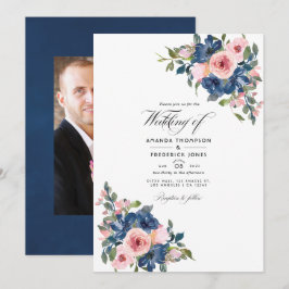 Waterverf marine en Blush Floral Wedding Foto Kaart