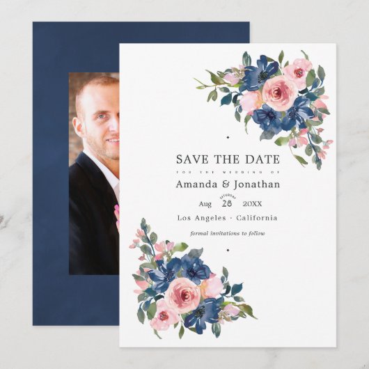 Waterverf marine en Blush Floral Wedding Foto Save The Date (Voorkant / Achterkant)