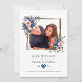 Waterverf marine en Blush Floral Wedding Foto Save The Date (Voorkant)