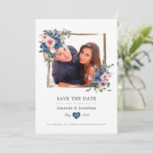 Waterverf marine en Blush Floral Wedding Foto Save The Date (Staand voorkant)