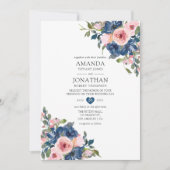Waterverf marine en blush Floral Wedding Kaart (Voorkant)