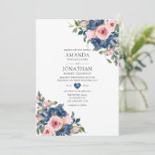 Waterverf marine en blush Floral Wedding Kaart (Staand voorkant)