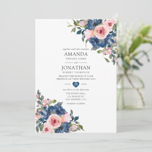 Waterverf marine en blush Floral Wedding Kaart (Staand voorkant)