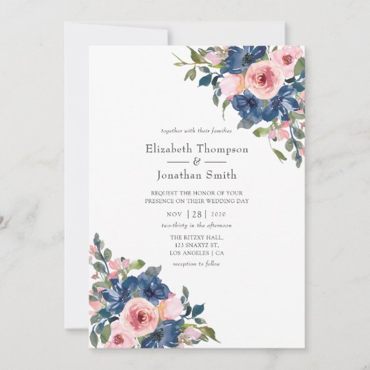 Waterverf marine en blush Floral Wedding Kaart (Voorkant)