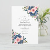 Waterverf marine en blush Floral Wedding Kaart (Staand voorkant)
