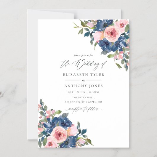 Waterverf marine en blush Floral Wedding Magnetische Uitnodiging (Voorkant)