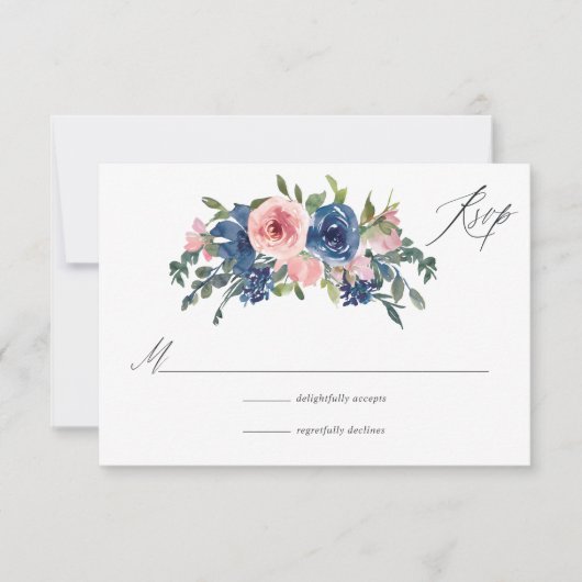 Waterverf marine en blush Floral Wedding RSVP Kaartje (Voorkant)