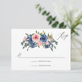 Waterverf marine en blush Floral Wedding RSVP Kaartje (Staand voorkant)