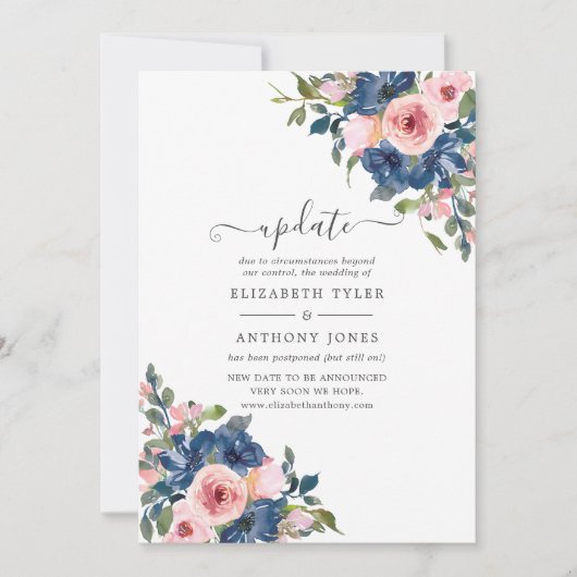 Waterverf marine en Blush Floral Wedding Update Kaart (Voorkant)