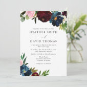 Waterverf marine en Bourgogne Flowers Wedding Kaart (Staand voorkant)