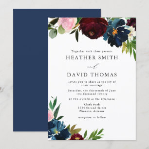 Waterverf marine en Bourgogne Flowers Wedding Kaart
