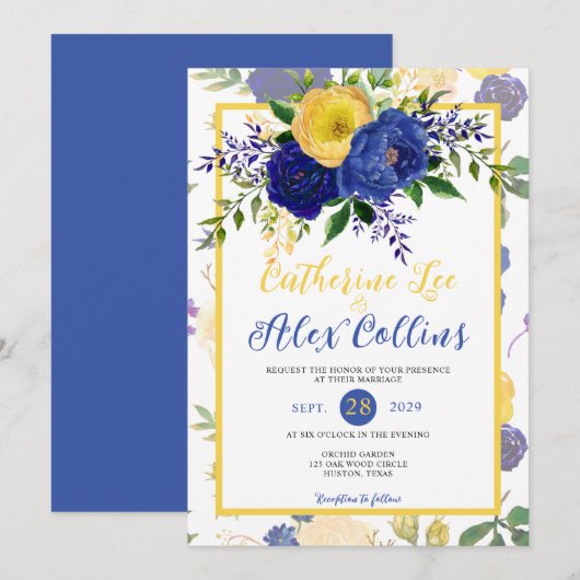 Waterverf marine en geelachtig gouden bruiloft kaart (Voorkant / Achterkant)