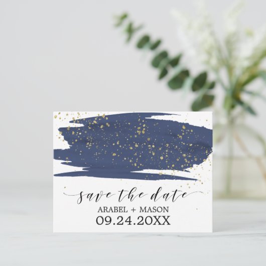 Waterverf marine en gouden bruiloft Save the Date Aankondigingskaart (Staand voorkant)
